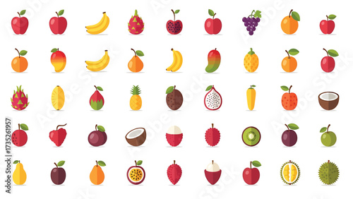 A vibrant and colorful collection of various fruit icons, illustrated in a clean, flat design style on a white background.