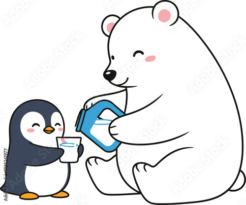 Cute polar bear pouring water for penguin cartoon illustration vector