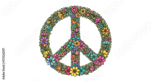 A beautiful peace symbol decorated with colorful flowers in a floral design.