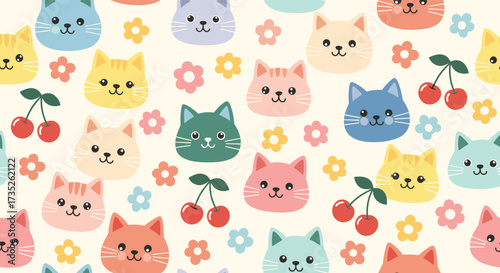 A charmingly cute background pattern filled with cheerful cartoon cats and delightful floral elements.