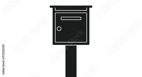 A black mailbox stands on a pole in front of a white background.