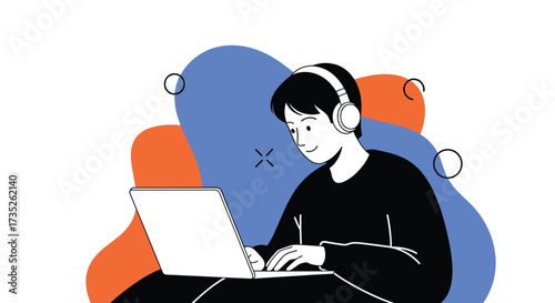 Young person wearing headphones and typing on a laptop during an online class.