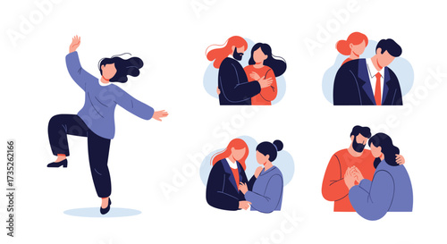 Illustrations depicting diversity and inclusivity with people expressing affection and joy.