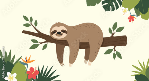 A cute sloth resting peacefully on a tree branch surrounded by lush tropical jungle foliage.
