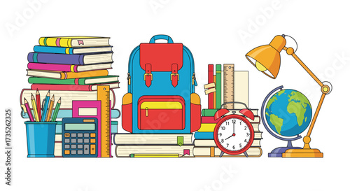 A vibrant collection of school supplies including books pencils a backpack and a globe.
