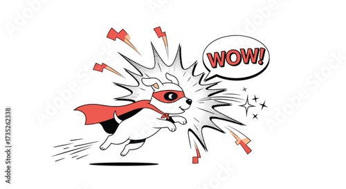 A small white dog wearing a red cape and mask flies through the air with a determined expression and a 'wow' speech bubble.
