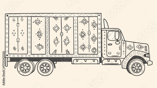 Illustrated truck with decorative patterns on its trailer and cab in a vintage style drawing