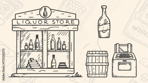 Illustration of a liquor store with bottles on shelves a barrel and a cash register in a sketch style