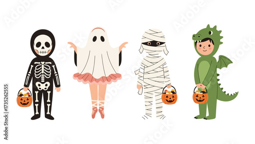 Halloween Costume Kids: A collection of children, each dressed in a festive Halloween costume and holding a pumpkin bucket, stand together, exuding the joy and anticipation of the Halloween night.