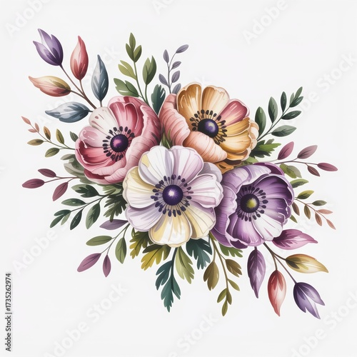 Colorful anemone flower bouquet rendered in a beautiful watercolor painting style isolated on white background.