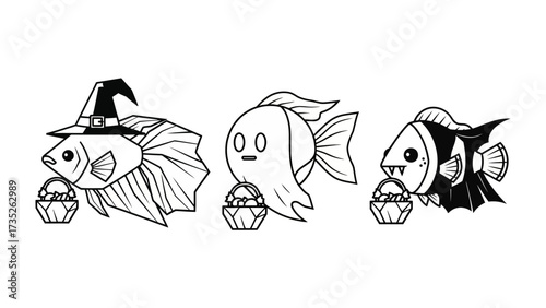 Spooky Fish Trio: A trio of whimsical cartoon fish dressed up in Halloween costumes, perfect for a spooky celebration.