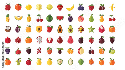 A large and diverse collection of colorful fruit icons in a flat design style, isolated on a white background.