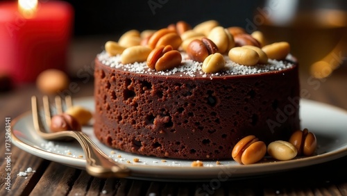 A decadent chocolate dessert, adorned with roasted nuts and a delicate dusting of powdered sugar, sits elegantly on a plate next to a fork