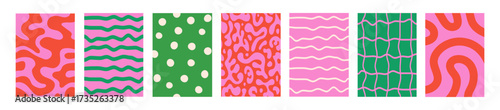 Set of Abstract vertical geometric backgrounds with colorful wavy shapes and lines. Green, pink and red colors. Trendy vector illustration in style retro