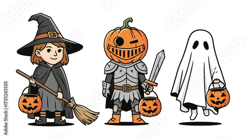 Spooky Trio: A captivating cartoon trio of Halloween characters, including a whimsical witch, a pumpkin knight, and a ghostly spirit, all ready for trick-or-treating adventures, exuding a fun.