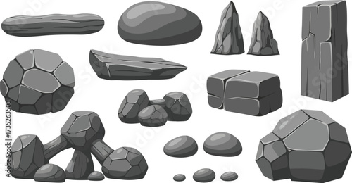 Collection of cartoon stones rocks boulders for game design asset vector