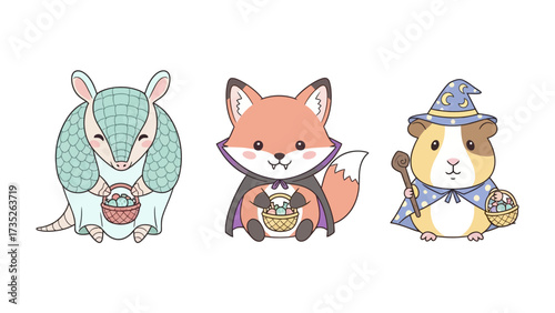 Adorable Trio with Easter Baskets: Delightful trio of whimsical cartoon animals, including an armadillo, a fox, and a guinea pig, each bearing an Easter basket. The scene is lighthearted and festive.