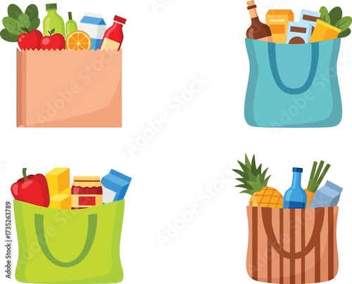 Grocery shopping bags full of food vector illustration art vector