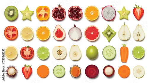 A vibrant flat lay of various fresh fruits and vegetables, sliced in half to reveal their colorful and detailed cross-sections on a white background.
