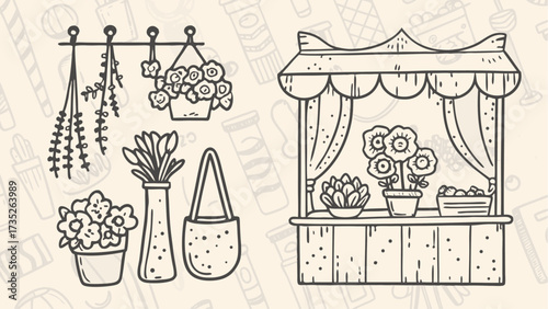 Illustration of a flower shop with hanging plants flowers in pots vase and a tote bag in line art style