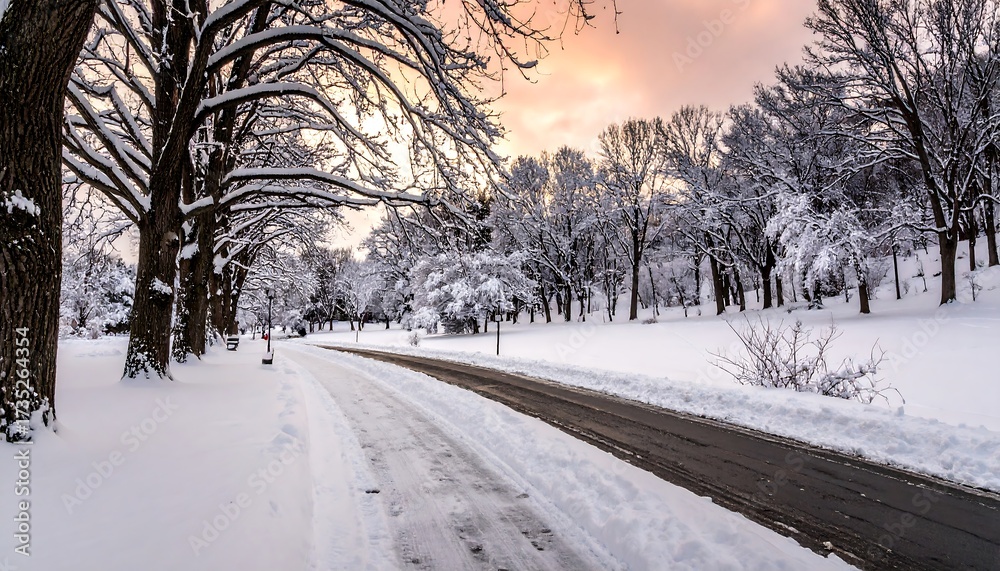 Obraz premium A snow-covered road through a tranquil winter park