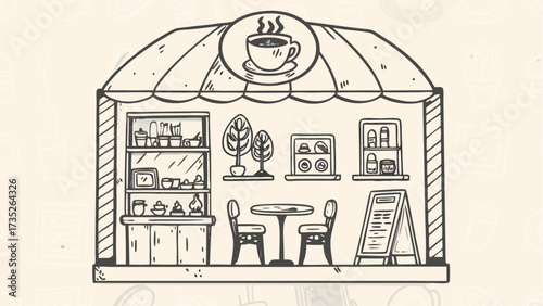 Illustration of a cozy cafe with a coffee cup sign, tables, chairs, shelves, and a menu board outside the shop