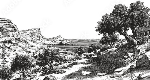 Black sketchy of Mediterranean coastal landscape with olive trees and mountains. Vintage pen draw rustic illustration.
