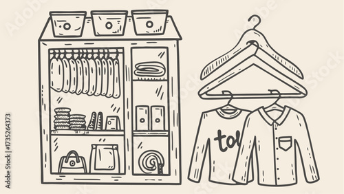Illustration of a closet with clothes hanging and folded and some items on the shelves and hangers