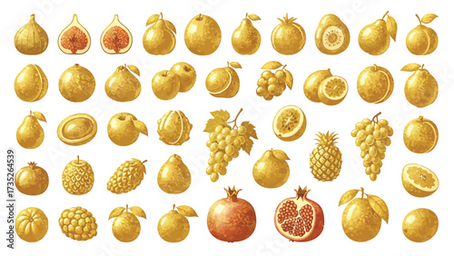 A large collection of assorted golden fruits illustrated in a detailed, textured style on a white background.