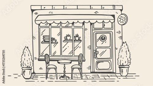 Exterior view of a cafe with a table and chairs outside and plants on either side of the entrance