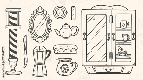 Illustration of a barber pole, mirror, knife, coffee maker, tea set, pastry and cabinet with items