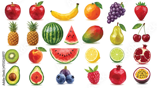 A vibrant and colorful collection of various fresh fruits illustrated in a watercolor style, isolated on a white background.
