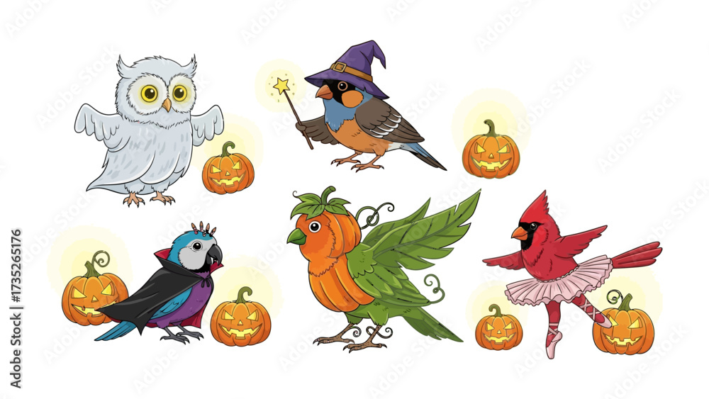 Obraz premium Whimsical Halloween Bird Gathering: A charming illustration showcases a delightful ensemble of feathered friends, each donned in whimsical Halloween attire.