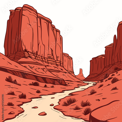 Vector art of a captivating illustration showcases the majestic monument valley with its iconic sandstone buttes, a winding river, and sparse desert vegetation