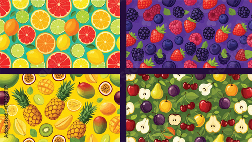 A colorful collage of four seamless fruit patterns featuring citrus, berries, tropical, and orchard fruits.