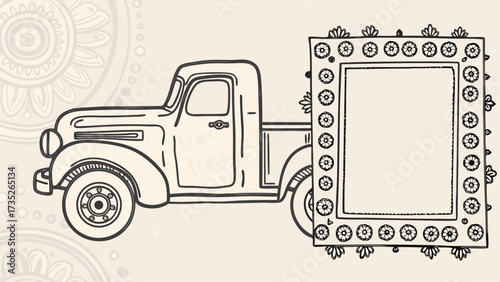 Illustration of a vintage truck with a decorative frame attached to the truck bed in black outline
