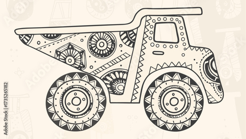 Stylized dump truck illustration with intricate geometric patterns and black and white color scheme