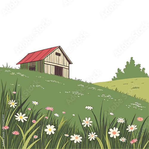 Vector art of a charming countryside scene unfolds with a quaint barn nestled atop a verdant hill, surrounded by a meadow adorned with delicate wildflowers, creating a serene and idyllic landscape
