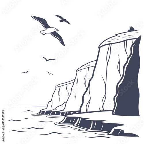 Vector art of a captivating monochrome illustration showcases majestic cliffs meeting the sea, with seagulls soaring above, the artwork captures the serene beauty of the coast