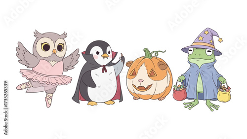 Halloween Animals: A whimsical illustration features an owl dressed as a ballerina, a penguin in a vampire cape, a guinea pig in a pumpkin, and a frog in a wizard's hat. These charming characters.
