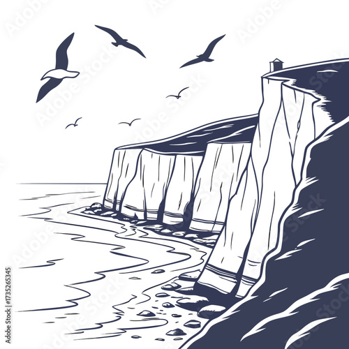Billede på lærred Vector art of a striking monochrome illustration captures the dramatic cliffs me