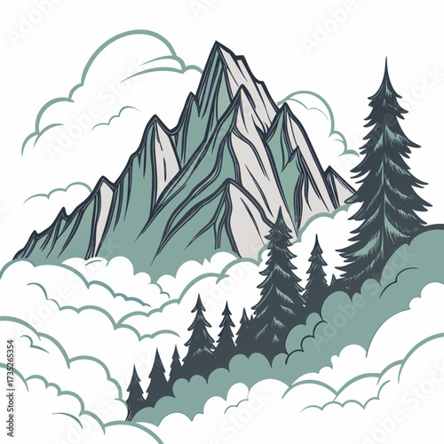 Vector art of majestic mountain peak piercing through fluffy clouds, surrounded by evergreen trees, creating a serene and picturesque landscape