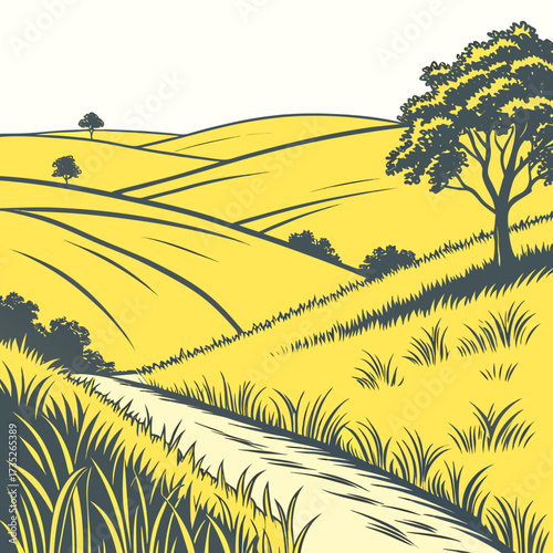 Vector art of rolling hills of golden fields, a winding path leading through the countryside, with scattered trees adding depth and character to the idyllic rural scene