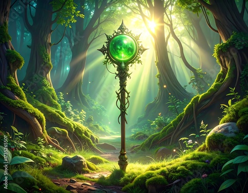 A magical green staff in a sunlit fantasy forest