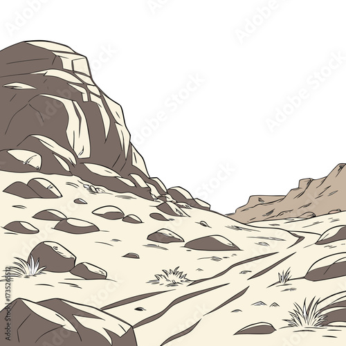 Vector art of a rugged desert landscape unfolds with rocky mountains and a sandy path, creating a sense of adventure and exploration under a clear sky, perfect for travel and discovery