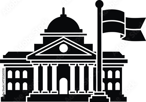 Government building with columns and waving flag silhouette