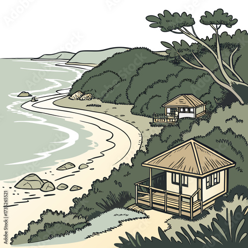 Vector art of a tranquil coastal scene showcases beach houses nestled amidst lush greenery, overlooking a serene beach with gentle waves, creating a peaceful retreat atmosphere