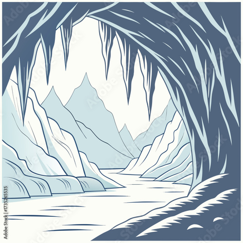Vector art of a serene view from inside an ice cave, showcasing a frozen river winding through snowcovered mountains, with icicles hanging from the cave entrance, creating a tranquil winter landscape
