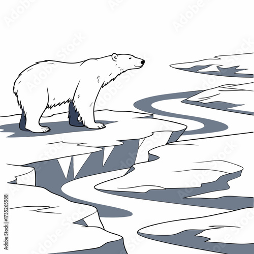 Vector art of a majestic polar bear stands on a fragmented ice floe, its white fur contrasting against the stark, illustrating the fragility of arctic habitat