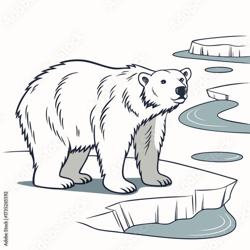 Vector art of a majestic polar bear standing on an ice floe, surrounded by icy waters, symbolizing the beauty and fragility of the arctic environment